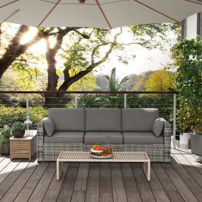 Outsunny 3 Seater Outdoor Sofa with Cushions, Synthetic Rattan Garden Sofa with Cushions, Ideal for Garden and Poolside, Grey