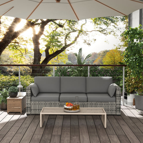 Canapé d'extérieur 3 places en rotin synthétique avec coussins, gris