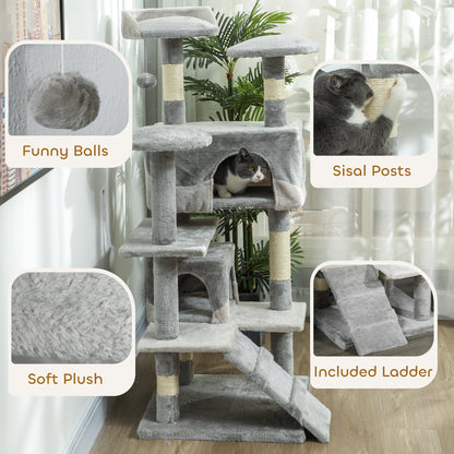 53" Cat Tree with Scratching Post, Large Kitten Playhouse, Multi-Level Activity Center, Gray