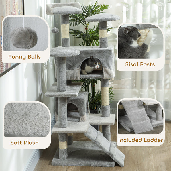 53" Cat Tree with Scratching Post, Large Kitten Playhouse, Multi-Level Activity Center, Gray