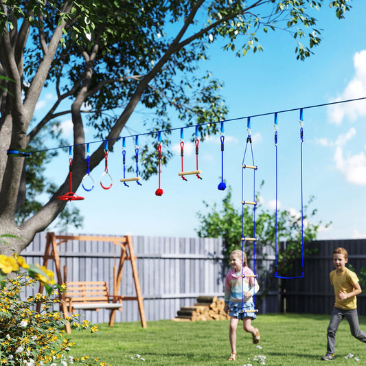 Ninja Warrior 9m Obstacle Course for Kids Ages 3-6, with Swing, Monkey Bars, Climbing Ladder, Gymnastic Rings, Blue