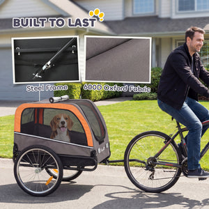 Dog bike trailer with 2 doors, large wheels and safety flag.