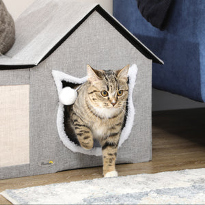 Maison pour chat avec coussin moelleux, griffoir, balle suspendue et double entrée, gris.