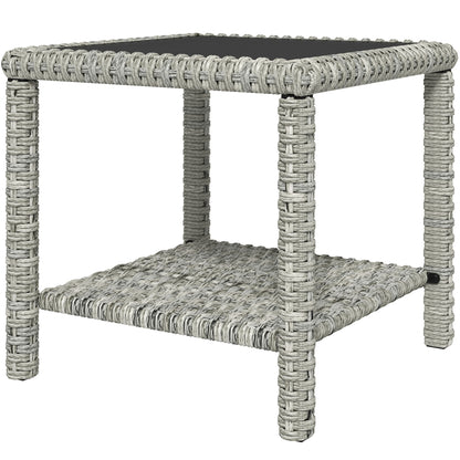 Table basse d'extérieur Outsunny 48 cm en osier avec plateau en verre et étagère de rangement pour jardin, véranda, balcon, terrasse, gris foncé