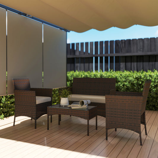 Outsunny 4 Piece Patio Rattan Balcony Wicker Garden Furniture Set with Loveseat, Chairs and Coffee Table in Beige Glass