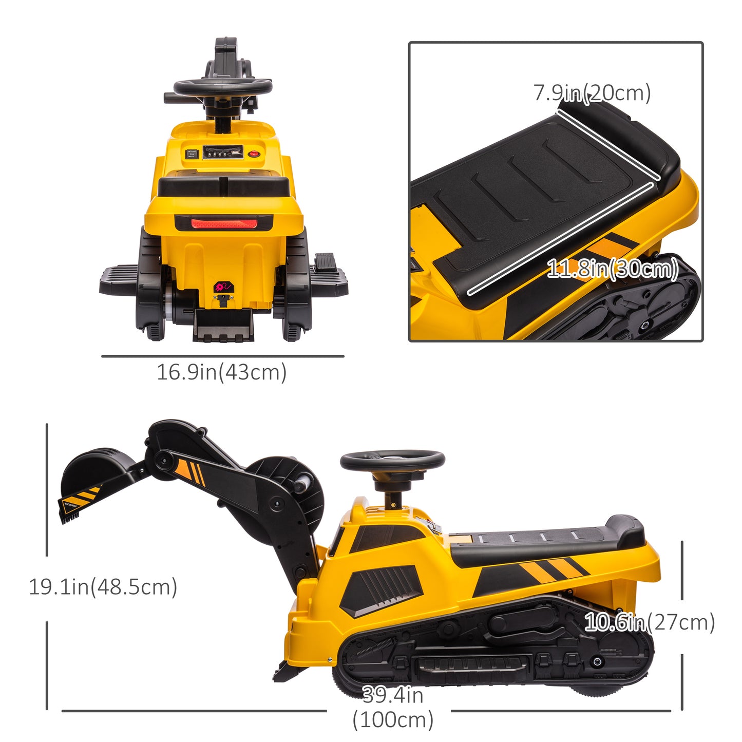 6V Electric Ride-On Tractor, 3-in-1 Electric Ride-On Excavator, Bulldozer, for 18-48 Months - Yellow