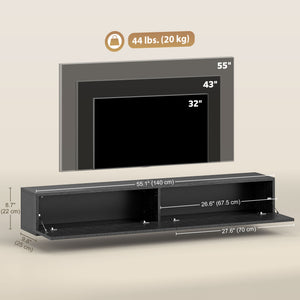 Floating wall-mounted TV unit for TVs up to 72 inches with 2 fluted drop-down doors, black