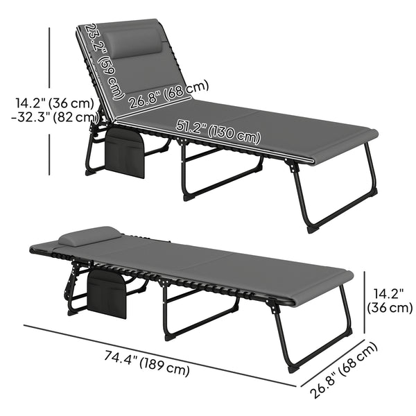Lot de 2 chaises longues pliantes, inclinables avec coussin à séchage rapide, appuie-tête et poche latérale, gris clair