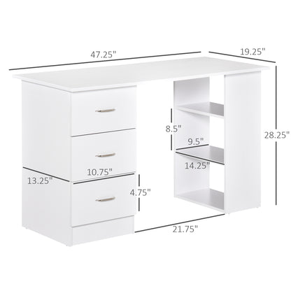 Bureau 47 pouces avec étagères de rangement à 3 niveaux, blanc