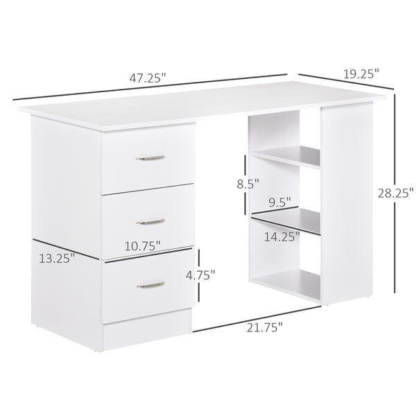 Bureau 47 pouces avec étagères de rangement à 3 niveaux, blanc