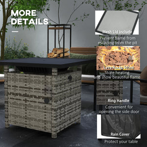 Outdoor PE Rattan Propane Fire Pit Table, 50,000 BTU Pulse-Ignition Wicker Fire Table, Mixed Grey