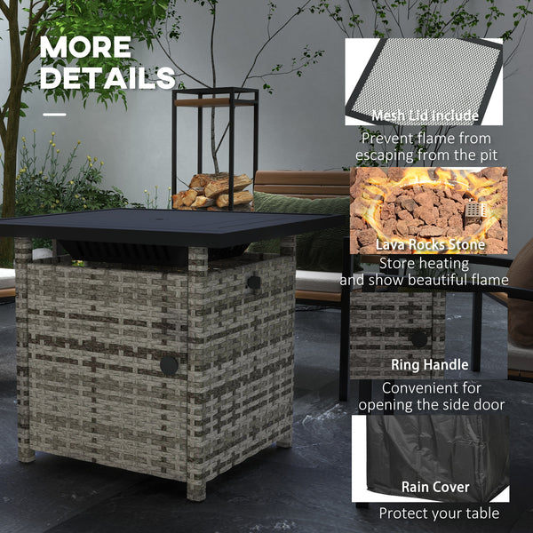 Outdoor PE Rattan Propane Fire Pit Table, 50,000 BTU Pulse-Ignition Wicker Fire Table, Mixed Grey
