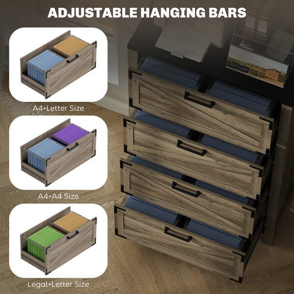 Classeur 4 tiroirs de style campagnard avec barres de suspension réglables pour format lettre, A4, légal, gris