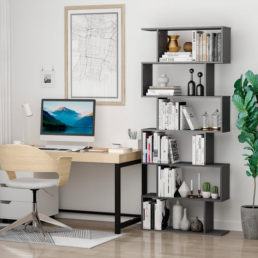 S-shaped wooden bookcase with 6 shelves