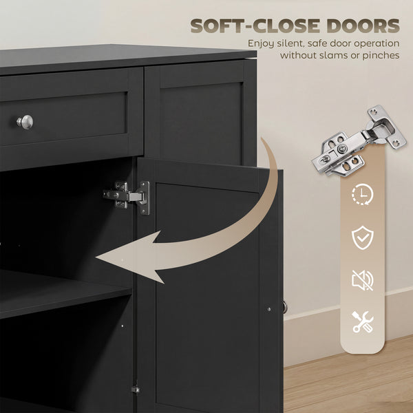 Meuble de rangement de cuisine moderne avec tiroir, étagères réglables avec supports de porte, noir