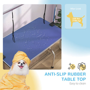 Adjustable Dog Grooming Table with 2 Safety Straps and Storage Basket, Blue