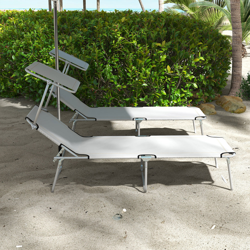 2Pcs Outdoor Lounge Chair, Adjustable Folding Chaise Lounge with Sun Shade for Beach, Camping, Hiking, Light Grey