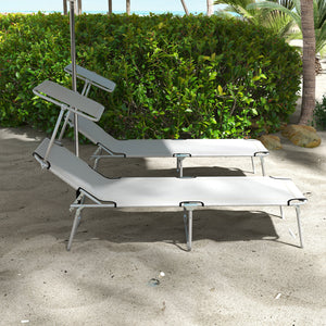 2Pcs Outdoor Lounge Chair, Adjustable Folding Chaise Lounge with Sun Shade for Beach, Camping, Hiking, Light Grey