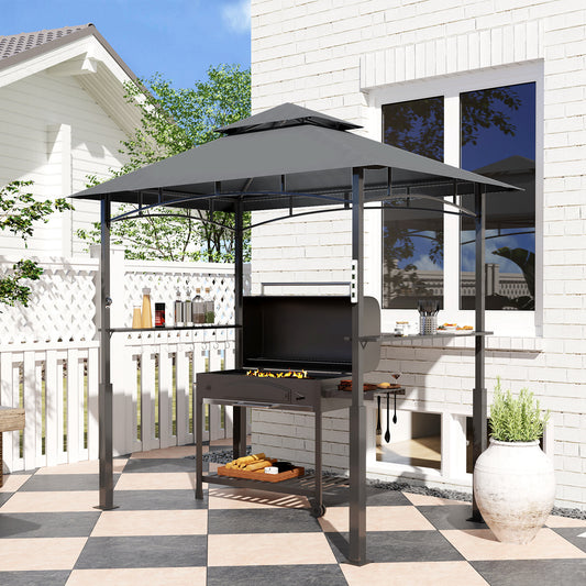 Outsunny 8' x 5' Grill Gazebo, Double Tiered BBQ Gazebo with LED Light, 2 Side Shelves, Hooks and Bottle Opener, Dark Gray |