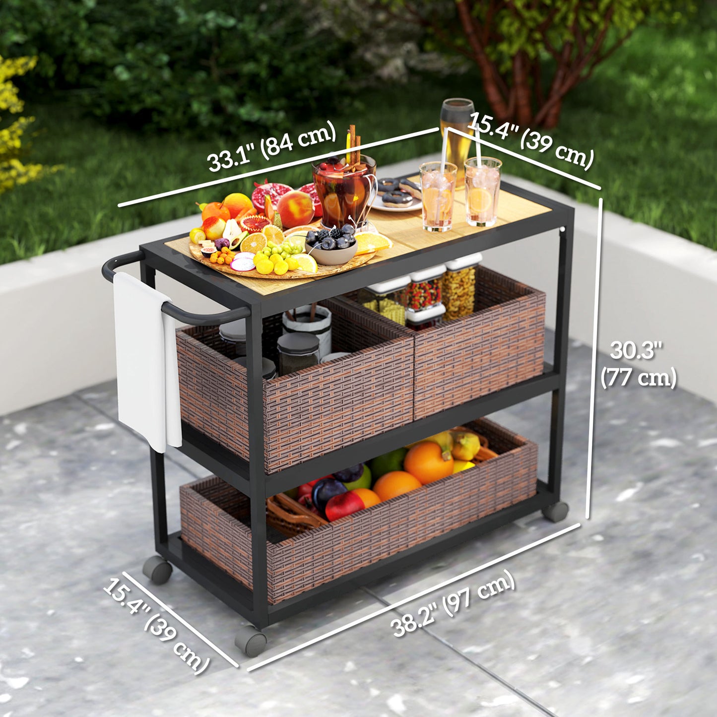 Outsunny Outdoor Bar Cart with Side Handle, 3 Tier Rolling Cart with Removable Rattan Basket, Mixed Brown