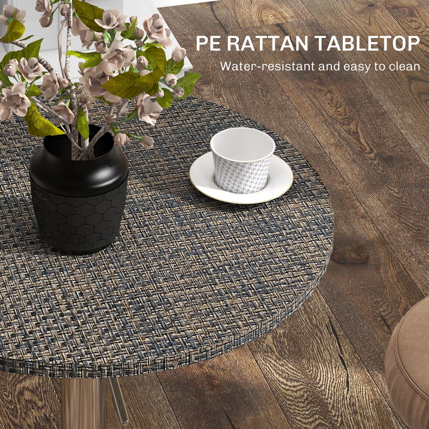 Table de bar réglable pour 2 personnes, ronde avec plateau en rotin synthétique et base en acier, marron