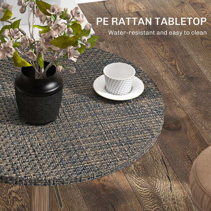 Table de bar réglable pour 2 personnes, ronde avec plateau en rotin synthétique et base en acier, marron