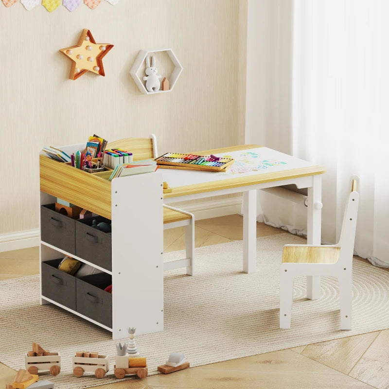 Toddler Table and Chairs with Paper Roll, Storage Shelves and Drawers, Natural Wood
