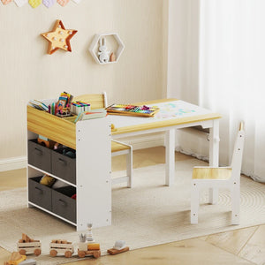 Toddler Table and Chairs with Paper Roll, Storage Shelves and Drawers, Natural Wood