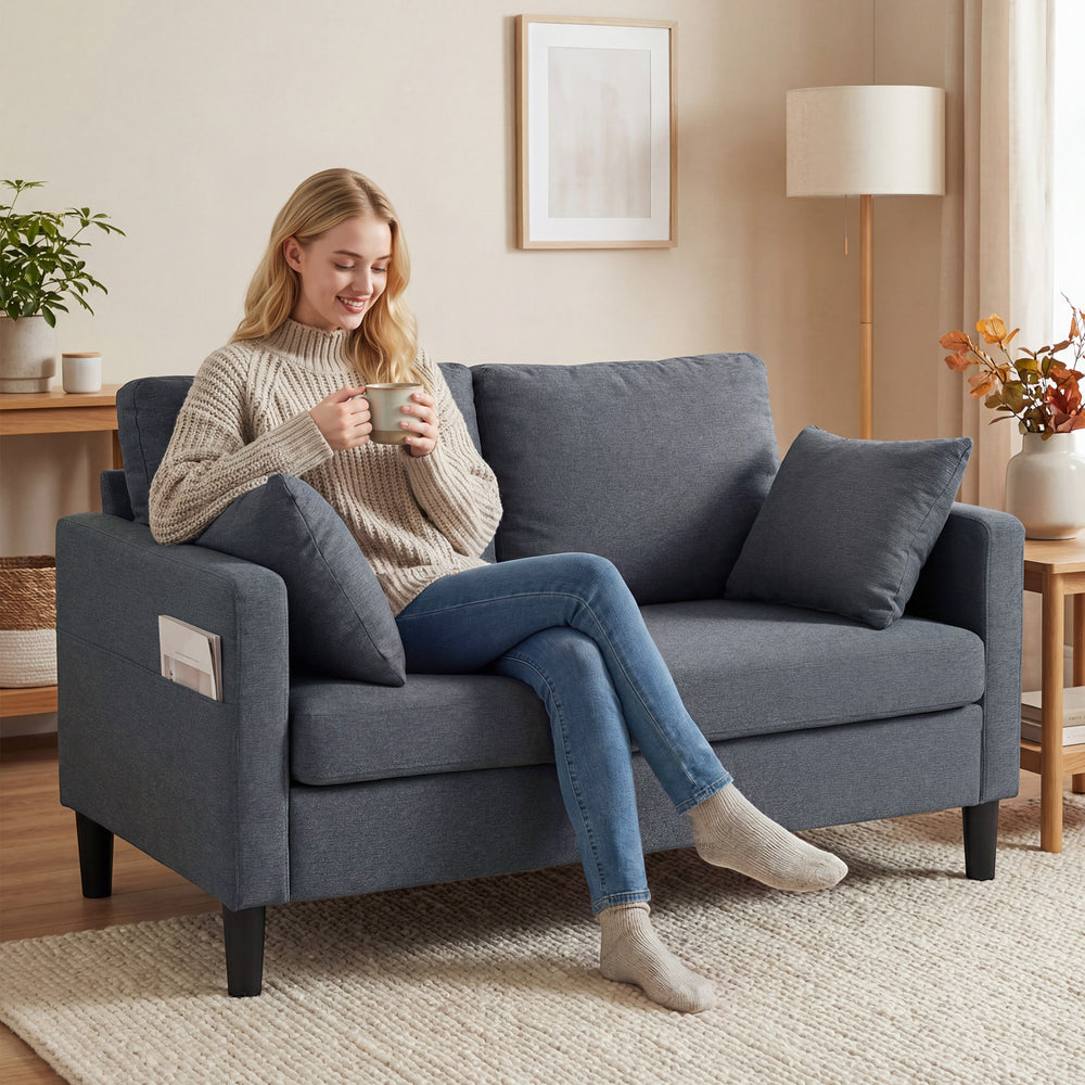 Canapé deux places, revêtement en lin moderne, coussins à ressorts, 2 oreillers, gris foncé