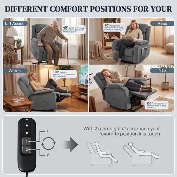 Power Recliner Chair with Massage, Electric Lift Chair for Elderly with Side Pockets, 2 Memory Positions, Remote, Grey