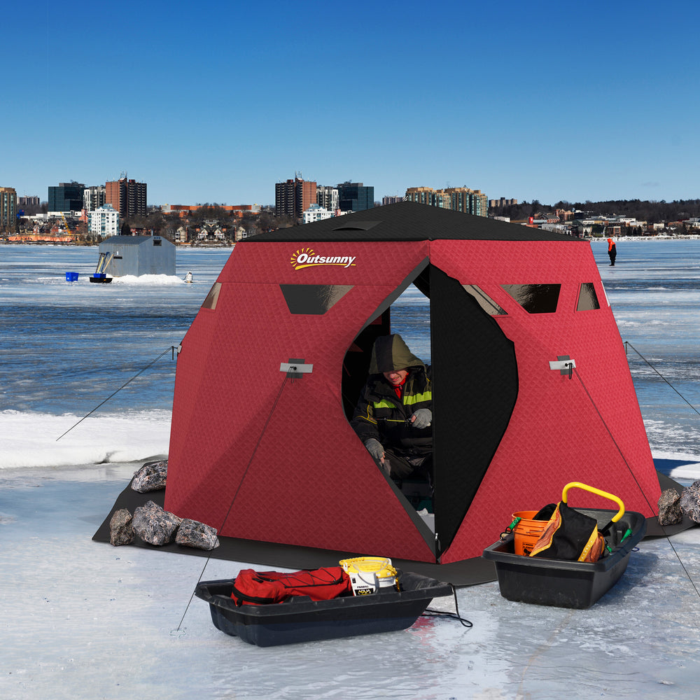 Abri de pêche sur glace isolé pour 4 personnes, pliable avec sac de transport et deux portes pour des températures jusqu'à -30 °C, rouge