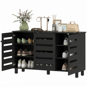 Shoe Cabinet with 3 Slatted Doors, 3-Tier Shelving Rack Cabinet with Adjustable Shelves for 15 Pairs of Shoes, Black