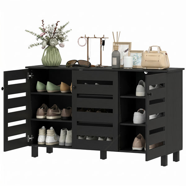 Shoe Cabinet with 3 Slatted Doors, 3-Tier Shelving Rack Cabinet with Adjustable Shelves for 15 Pairs of Shoes, Black