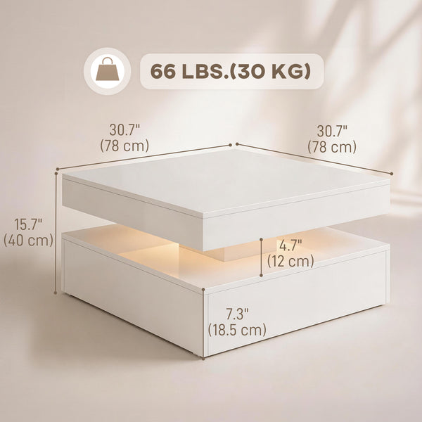Table basse LED avec rangement à 2 niveaux avec étagère ouverte et télécommande pour salon, blanc brillant
