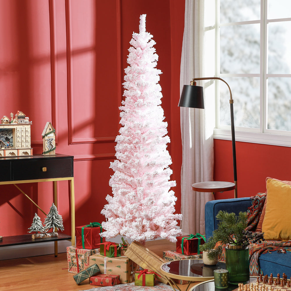 Sapin de Noël givré rose de 6 pieds en forme de crayon