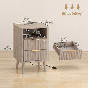 Ensemble de 2 tables de chevet modernes avec station de recharge, 2 tiroirs et une étagère ouverte, grises