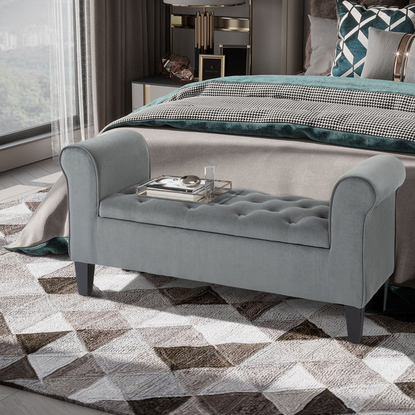 Banc ottoman de rangement capitonné à bouton, gris