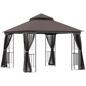 Gazebo 10 x 10 avec toit souple à double pente, rideaux en maille, couleur café
