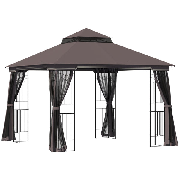 Gazebo 10 x 10 avec toit souple à double pente, rideaux en maille, couleur café