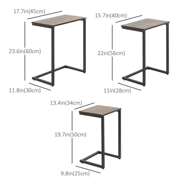 Lot de 3 tables d'appoint gigognes en forme de C avec cadre en acier, marron rustique