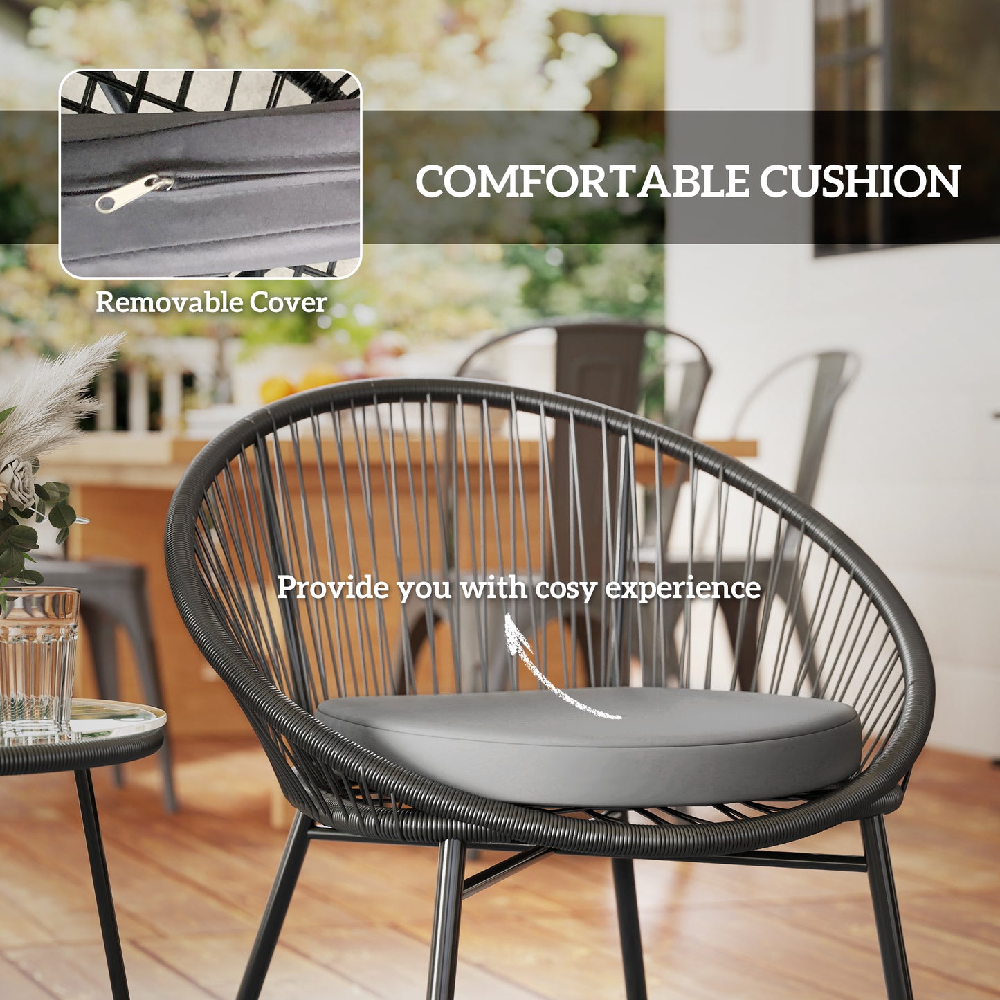 Outsunny 3 Piece Wicker Patio Furniture Set with Soft Cushions, Tempered Glass Top, Garden Bistro Set, Black
