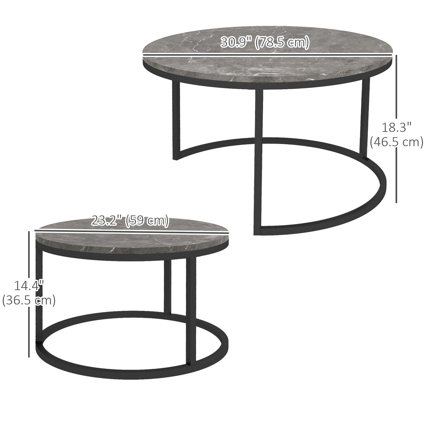 Lot de 2 tables basses modernes avec base en métal pour salon, imitation marbre gris