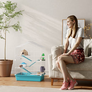 Cage pour hamster à 5 niveaux avec plateformes, rampes et accessoires – Blanc et bleu pâle
