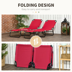 Set of 2 Folding Outdoor Lounge Chair, Sun Tanning Chairs with Reclining Back, Breathable Mesh for Beach Patio, Red