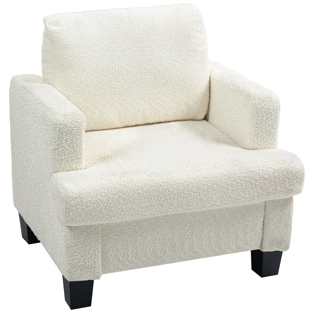 Fauteuil moderne rembourré en chenille avec structure en bois et coussin de dossier, blanc crème