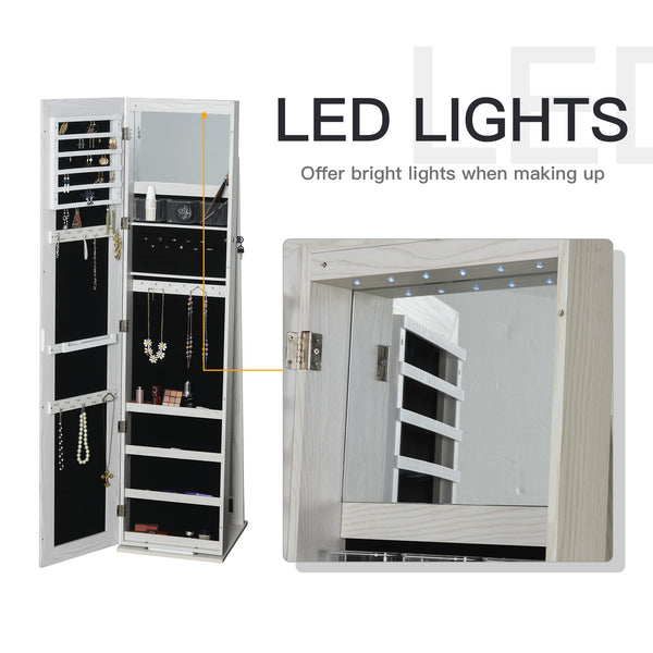 Armoire à bijoux avec miroir verrouillable avec éclairage LED, bois blanc