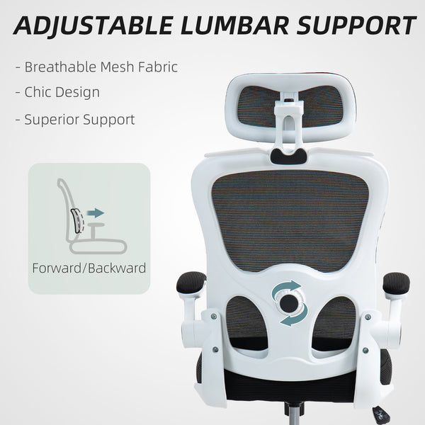 Chaise de bureau ergonomique en maille avec accoudoirs relevables, appui-tête pivotant et soutien lombaire réglable, noir