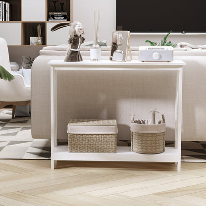 Console d'entrée étroite à 2 niveaux, design en X, avec étagère de rangement pour derrière le canapé, salon, couloir, blanc