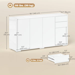 Modern kitchen buffet with push-to-open mechanism, 2 drawers, and shelves, white.