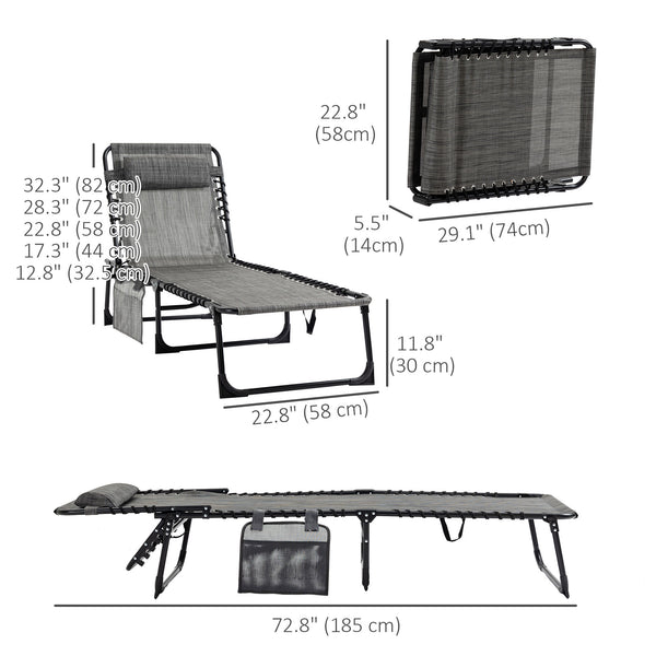 Chaise longue pliante avec dossier réglable et coussin amovible, gris chiné